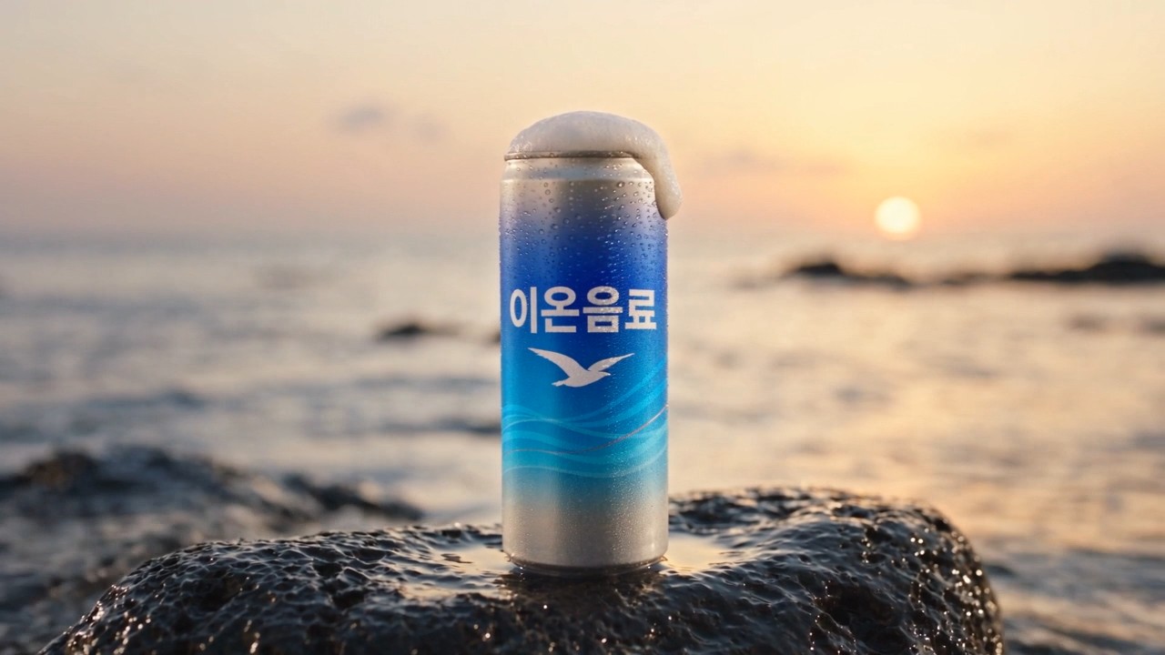 해 질 무렵 바닷가 바위 위에 놓인 파란 이온음료 캔