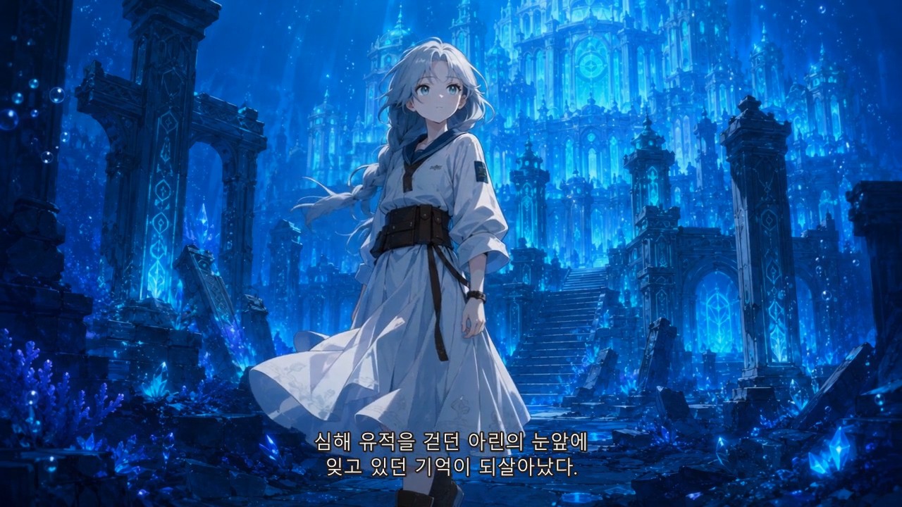 푸른빛의 심해 유적 앞에 서 있는 은발의 애니메이션 주인공